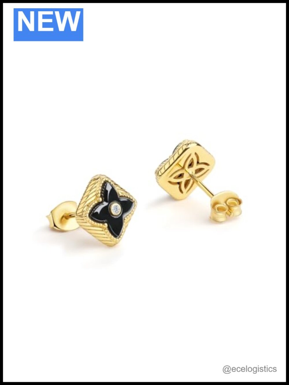S925 Sterling Silver 18K Gold Plated Black Onyx Clover Stud Earrings CZ Accent